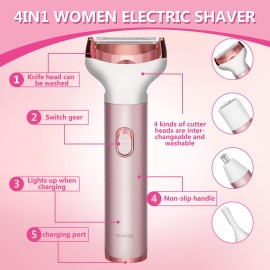 Electric Razor for Women Removal MKIOVH Women\'s Cordless Portable 4 in 1 Painless Shaver, for Body Face Shavers Nose Hair Trimmer Bikini Area Armpit Pubic Underarms Legs Eyebrow (Pink)