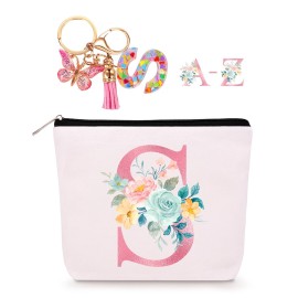 Lingdeer Personalized Makeup Bag with Initial Keychain, Custom Initial Monogram Small Travel Cosmetic Toiletry Bag, Birthday Gifts for Women Bridesmaid Teacher (S)