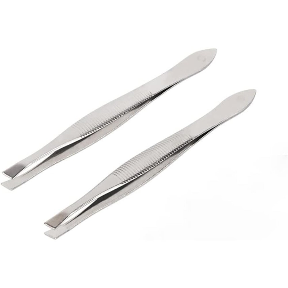 2Pcs Silver Stainless Steel Eyebrow Tweezer Eyebrow Trimmer Shaper Facial Hair Remover Puller Slanted Tip Makeup Beauty Tools Practical Design Hair Removal Tweezers