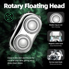 Electric Razor for Men, All Metal Body, Magnetic Shaving Head, Powerful motors, Sharp blades, Full Body Washing, Type-C Quick Charging, LED Display, Mini Cordless Rotary Shaver, Easy to travel, Silver