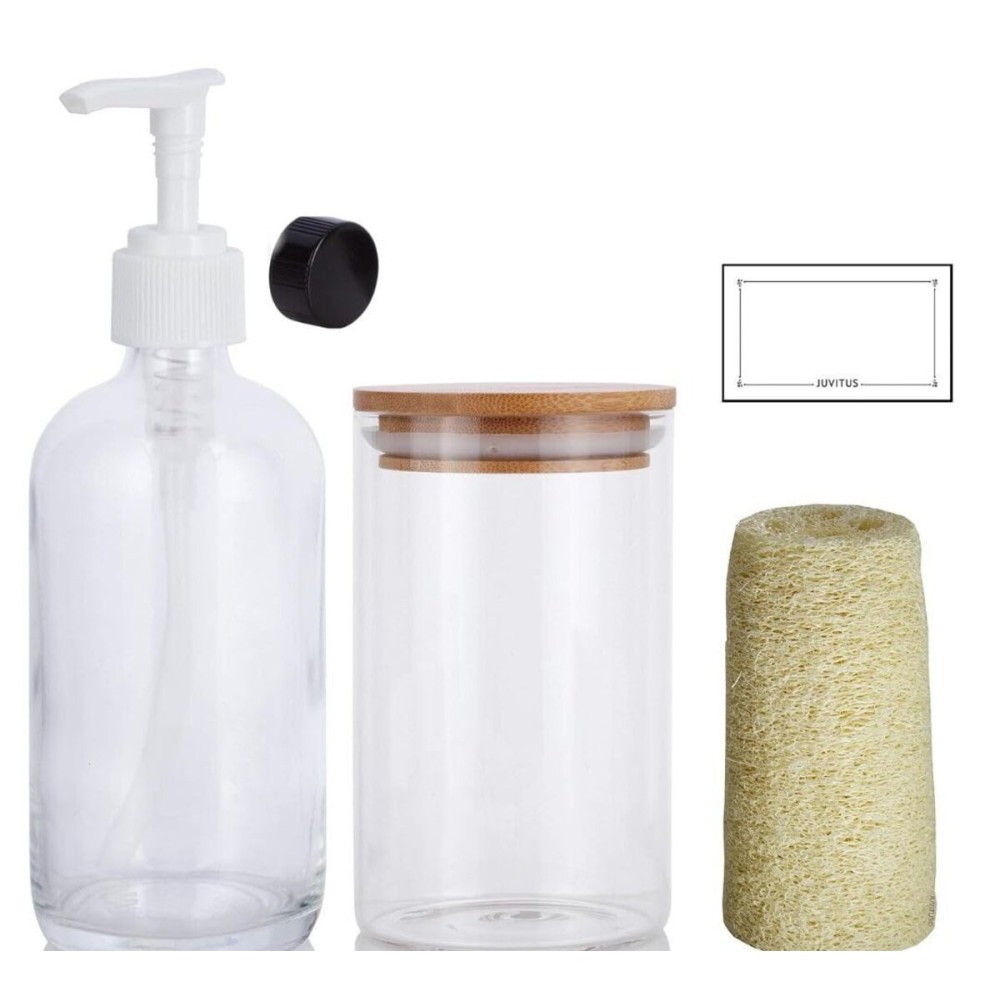 Started Kit 16 oz Clear Glass Boston Round Bottles with White Lotion Pump and Phenolic Caps (6 Pack), 16 oz Clear Jars with Bamboo Lids (2 Pack), Loofahs (2 Pack), Labels (8) Started Kit 16 oz Clear Glass Boston Round Bottles with White Lotion Pump and Phenolic Caps (6 Pack), 16 oz Clear Jars with Bamboo Lids (2 Pack), Loofahs (2 Pack), Labels (8)