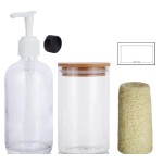 Started Kit 16 oz Clear Glass Boston Round Bottles with White Lotion Pump and Phenolic Caps (6 Pack), 16 oz Clear Jars with Bamboo Lids (2 Pack), Loofahs (2 Pack), Labels (8)