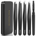 Boloye Tweezers Set, 4Pcs Eyebrow Tweezers and an Eyebrow Brush with an Metal Case, Professional Stainless Steel for Men & Women, Precision for Facial Hair, Splinter and Ingrown Hair Removal