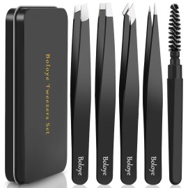 Boloye Tweezers Set, 4Pcs Eyebrow Tweezers and an Eyebrow Brush with an Metal Case, Professional Stainless Steel for Men & Women, Precision for Facial Hair, Splinter and Ingrown Hair Removal Boloye Tweezers Set, 4Pcs Eyebrow Tweezers and an Eyebrow Brush with an Metal Case, Professional Stainless Steel for Men & Women, Precision for Facial Hair, Splinter and Ingrown Hair Removal