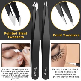 Boloye Tweezers Set, 4Pcs Eyebrow Tweezers and an Eyebrow Brush with an Metal Case, Professional Stainless Steel for Men & Women, Precision for Facial Hair, Splinter and Ingrown Hair Removal Boloye Tweezers Set, 4Pcs Eyebrow Tweezers and an Eyebrow Brush with an Metal Case, Professional Stainless Steel for Men & Women, Precision for Facial Hair, Splinter and Ingrown Hair Removal