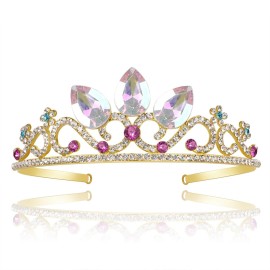 Princess Crown Halloween Cosplay Bridal Wedding Crystal Hair Tiara Sparkle Gold Crown Rapunzel Tiara for Women Girls Costume Accessories Birthday Gift