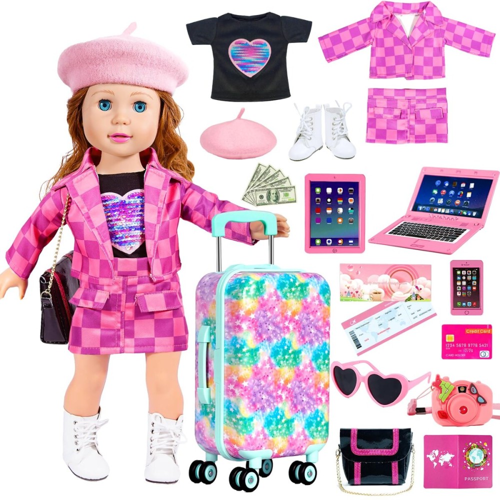 ARTST 18 inch Doll Clothes Accessories Girl Suitcase Luggage Travel Set-Doll Clothing Hat Handbag Sunglasses Camera Computer Passport Cell Phone for Christmas Birthday(NO Doll)