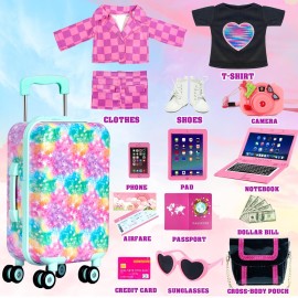 ARTST 18 inch Doll Clothes Accessories Girl Suitcase Luggage Travel Set-Doll Clothing Hat Handbag Sunglasses Camera Computer Passport Cell Phone for Christmas Birthday(NO Doll)