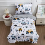 NTBED 4 Pieces Construction Toddler Bedding Set for Baby Boys,Tree Truck Vehicles Excavator Cars Printed, Includes Comforter, Flat Sheet, Fitted Sheet and Pillowcase,Light Grey