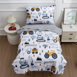 NTBED 4 Pieces Construction Toddler Bedding Set for Baby Boys,Tree Truck Vehicles Excavator Cars Printed, Includes Comforter, Flat Sheet, Fitted Sheet and Pillowcase,Light Grey