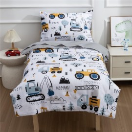 NTBED 4 Pieces Construction Toddler Bedding Set for Baby Boys,Tree Truck Vehicles Excavator Cars Printed, Includes Comforter, Flat Sheet, Fitted Sheet and Pillowcase,Light Grey