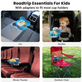 Car Seat Tray - Convert Cup Holder to Snacks, Toys Tray for Kids Travel, 360 Rotatable (Blue)