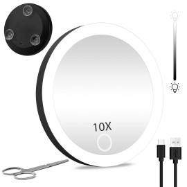 JJhxr LED 10X Travel Magnifying Mirror with Lights, Rechargeable 10X Travel Magnified Mirror, 4inch Pocket Makeup Magnification 3 Color Dimmable with Suction Cups and Scissors