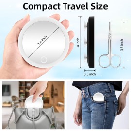 JJhxr LED 10X Travel Magnifying Mirror with Lights, Rechargeable 10X Travel Magnified Mirror, 4inch Pocket Makeup Magnification 3 Color Dimmable with Suction Cups and Scissors