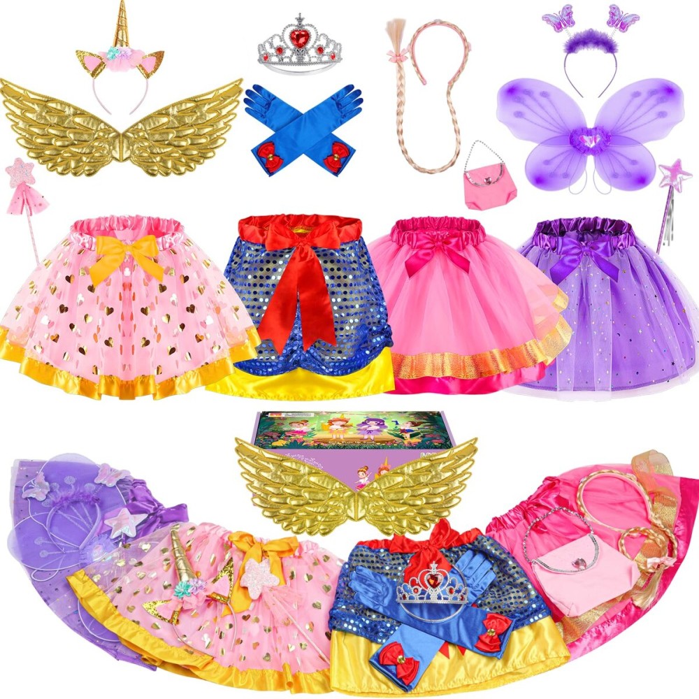 Teuevayl Little Girls Dress Up Clothes for Toddler, Princess Skirt Costume Set with Princess Gloves Crown Wings, Kids\' Dress Up Pretend Play Toys Gift for 3 4 5 6 Girls