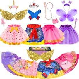 Teuevayl Little Girls Dress Up Clothes for Toddler, Princess Skirt Costume Set with Princess Gloves Crown Wings, Kids\' Dress Up Pretend Play Toys Gift for 3 4 5 6 Girls
