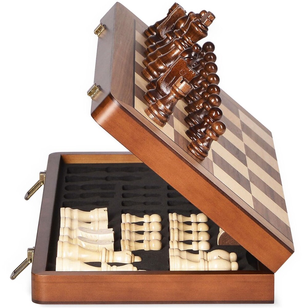 ELONGDI 15 Wooden Chess Set with Magnetic Pieces - Extra Queens - Folding Chessboard Portable Travel Tournament Chess Board Games for Adults Kids