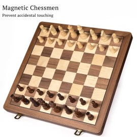 ELONGDI 15 Wooden Chess Set with Magnetic Pieces - Extra Queens - Folding Chessboard Portable Travel Tournament Chess Board Games for Adults Kids