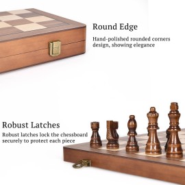 ELONGDI 15 Wooden Chess Set with Magnetic Pieces - Extra Queens - Folding Chessboard Portable Travel Tournament Chess Board Games for Adults Kids