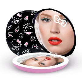 Impressions Vanity Hello Kitty The Favorites Compact Mirror with Light, Double Sided Cute Travel Makeup Mirror with Magnification, Soft Touch Button, and Adjustable Brightness