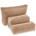 Huhumy 3 Pcs Makeup Bag Set for Women Corduroy Cosmetic Pouch Aesthetic Smile Travel Toiletry Bag Cute Purse Pouch Pencil Case Makeup Brushes Storage Organizer with Zipper(Khaki,Solid Style)