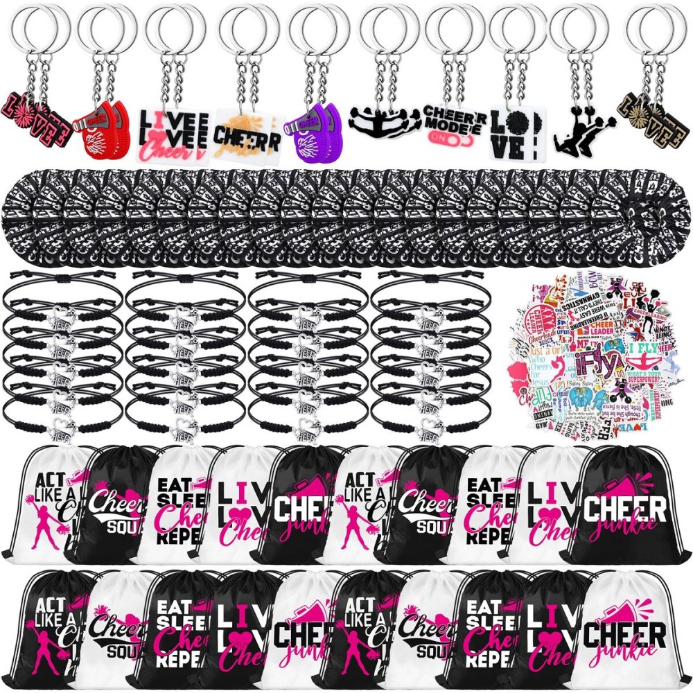 Huhumy 130 Pcs Cheerleader Gifts Cheerleader Party Favors Include 20 Cheerleading Bags, 20 Cheer Keychain, 20 Cheer Bracelets, 20 Hair Ties and 50 Cheerleader Stickers for Women Team Teammates