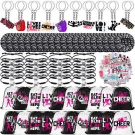 Huhumy 130 Pcs Cheerleader Gifts Cheerleader Party Favors Include 20 Cheerleading Bags, 20 Cheer Keychain, 20 Cheer Bracelets, 20 Hair Ties and 50 Cheerleader Stickers for Women Team Teammates