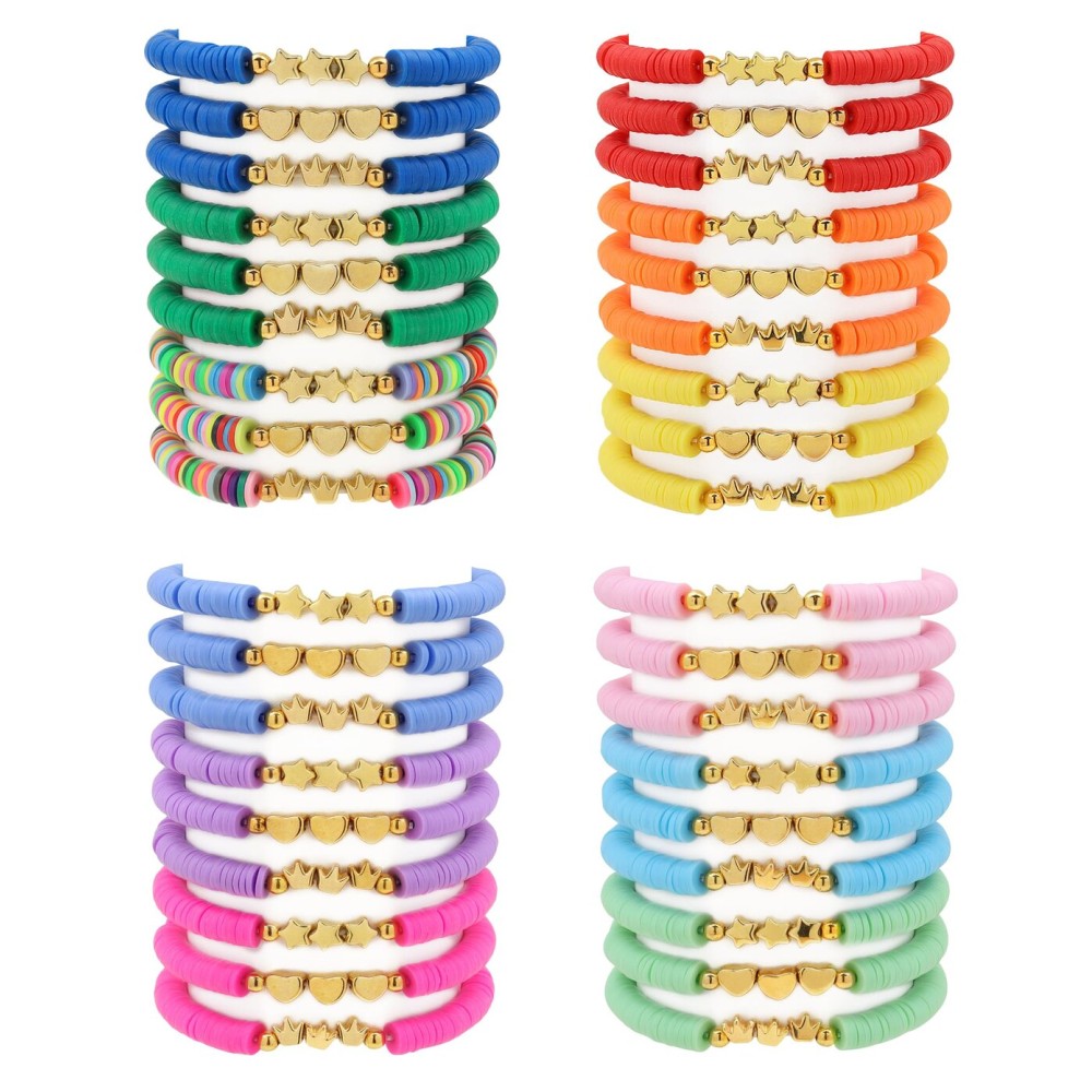 Asivsa 36 Pcs Preppy Friendship Bracelets for Teen Girls Heishi Cute Clay Beads Bracelets Bulk Colorful Heart Star Crown Friendship Surfer Bracelets Things Jewelry Gifts for Girls