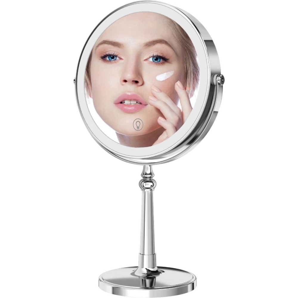 9 Large Make up Vanity Mirror with Lights Chrome Two Way Mirror 1x/10x Magnifying Mirror with Light and Stand 4000mAh Rechargeable Led Makeup Mirror for Desk Dresser Table