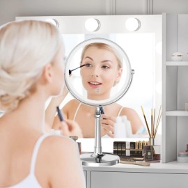 9 Large Make up Vanity Mirror with Lights Chrome Two Way Mirror 1x/10x Magnifying Mirror with Light and Stand 4000mAh Rechargeable Led Makeup Mirror for Desk Dresser Table
