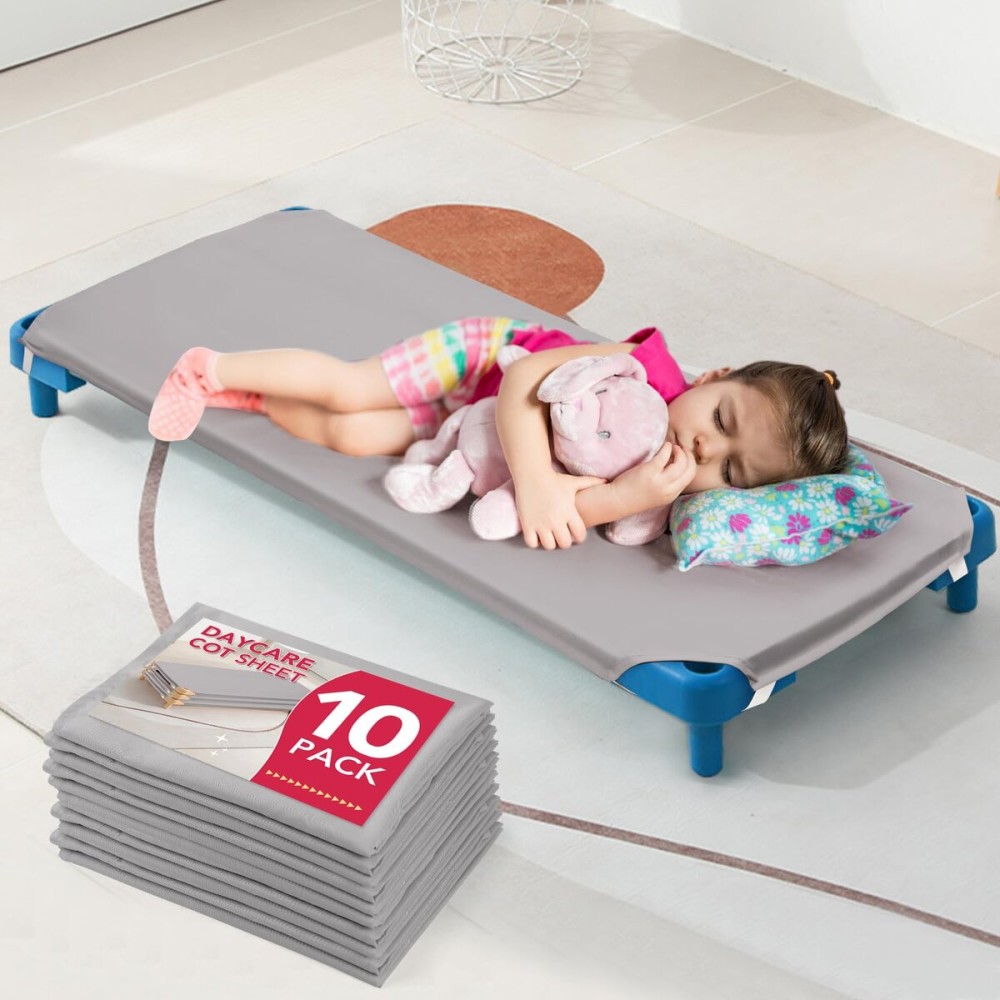 RowinsyDD 10 Pcs Cot Sheet for Daycare, 23 X 51, Gray Daycare Cot Size Sheet with Corner Elastic Loops for Child Boys Girls, Daycare Essentials for Toddler and Preschool, Breathable Microfiber