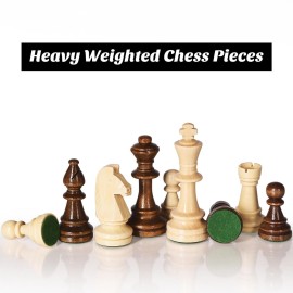 Vamslove Wooden Heavy Weighted Chess Pieces Only-3.8\'\' King-Extra 2 Queens-34 Wood Tournament Chessmen for Chess Set,Velvet Storage Bags Included