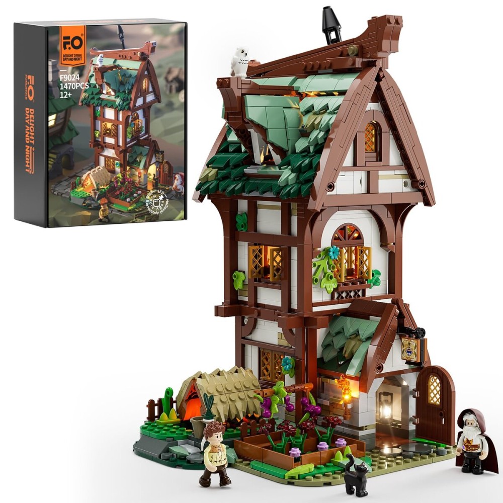 FUNWHOLE Medieval Apothecary Shop Lighting Building-Bricks Set - Compatible with Standard Bricks Medieval Series Collectible Display House 1470 Pcs for Adults and Teen