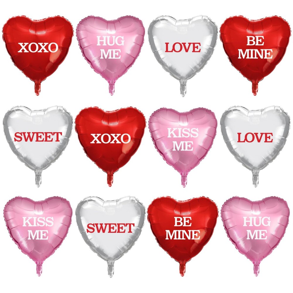 12 Pcs Valentines Day Heart Balloons - 18 Inch Red Pink Silver Foil Heart-shaped Balloons Candy Heart Metallic Balloons for Valentines Day Engagement Wedding Party Supplies Decorations