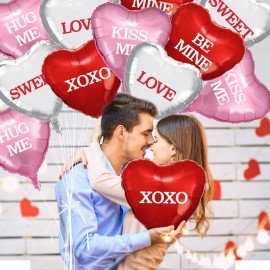 12 Pcs Valentines Day Heart Balloons - 18 Inch Red Pink Silver Foil Heart-shaped Balloons Candy Heart Metallic Balloons for Valentines Day Engagement Wedding Party Supplies Decorations