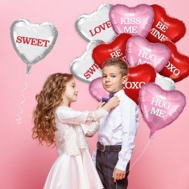 12 Pcs Valentines Day Heart Balloons - 18 Inch Red Pink Silver Foil Heart-shaped Balloons Candy Heart Metallic Balloons for Valentines Day Engagement Wedding Party Supplies Decorations