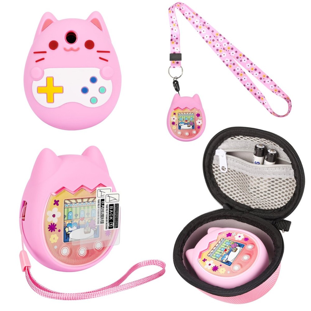 Meetikar Carrying Case and Silicone Cover Compatible with Tamagotchi Pix Virtual Pet Game Machine, (5-in-1) Silicone Cover for Tamagotchi Pix, with Finger Lanyard and Screen Protector (Pink)