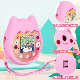 Meetikar Carrying Case and Silicone Cover Compatible with Tamagotchi Pix Virtual Pet Game Machine, (5-in-1) Silicone Cover for Tamagotchi Pix, with Finger Lanyard and Screen Protector (Pink)