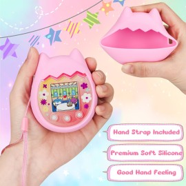 Meetikar Carrying Case and Silicone Cover Compatible with Tamagotchi Pix Virtual Pet Game Machine, (5-in-1) Silicone Cover for Tamagotchi Pix, with Finger Lanyard and Screen Protector (Pink)
