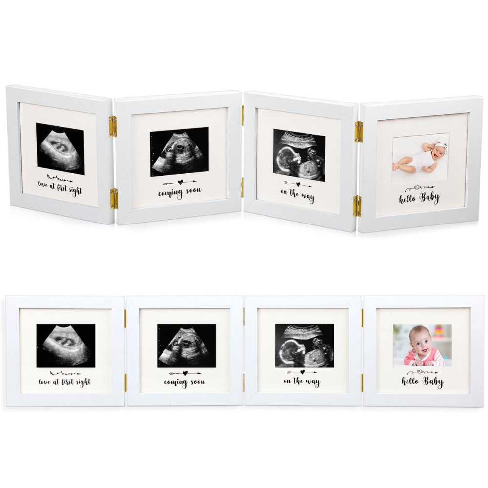 Beeveer Sonogram Picture Frame Quadruple Ultrasound Picture Frame 4 Folding Pregnancy Keepsake Photo for Pregnancy Announcements First Time to Be Dad Mom Gifts Gender Nursery Decor(White)