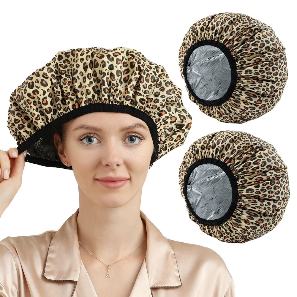YIZIJIZI 2 Pieces Heat Cap for Deep Conditioning, Conditioning Cap Made of Aluminum Foil for Home and Salon Use, Hair Dyeing(Leopard Print)