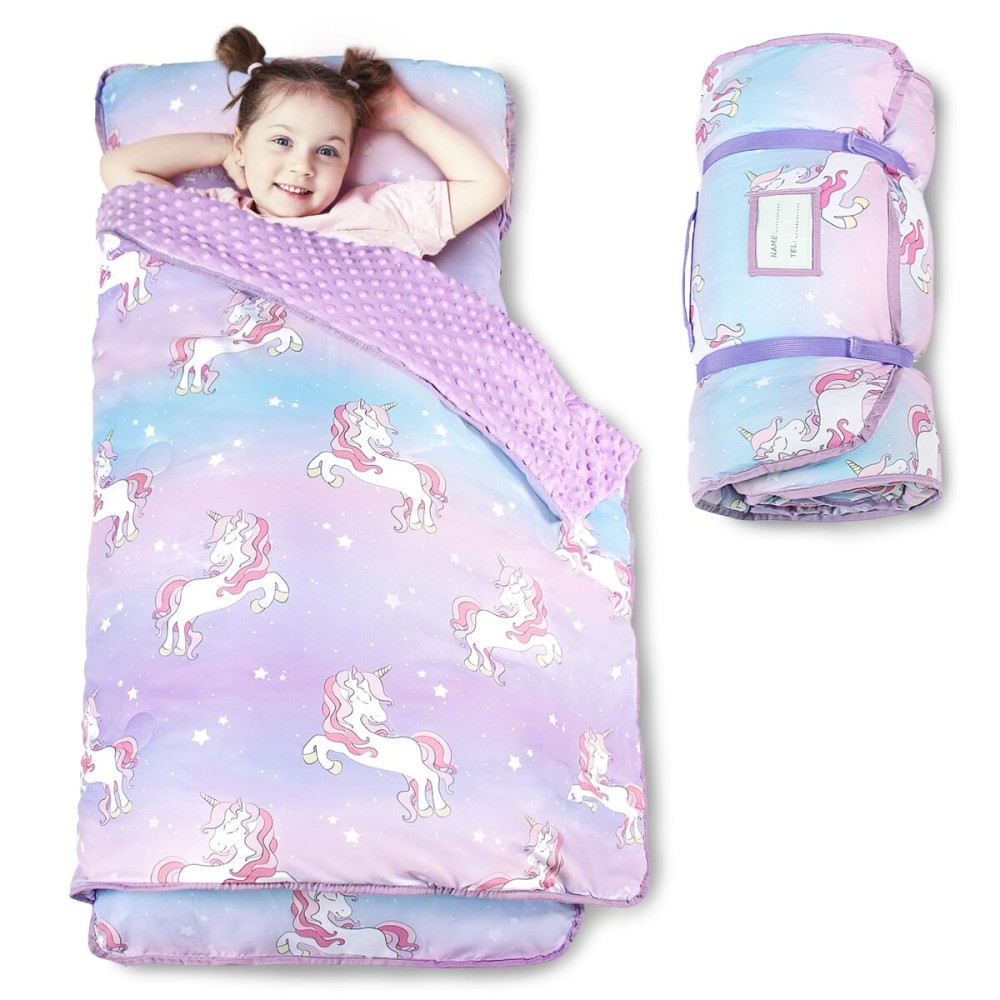 Beavtaens Toddler Nap Mat with Pillow and Minky Blanket, Large 55x35 Sleeping Bag, Washable, Lightweight, Easy to Roll, Perfect for Preschool, Daycare, Kindergarten, Travel, Boys and Girls(Unicorn)