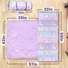 Beavtaens Toddler Nap Mat with Pillow and Minky Blanket, Large 55x35 Sleeping Bag, Washable, Lightweight, Easy to Roll, Perfect for Preschool, Daycare, Kindergarten, Travel, Boys and Girls(Unicorn)