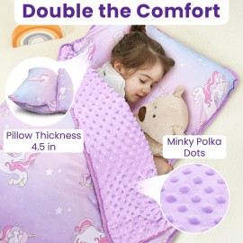 Beavtaens Toddler Nap Mat with Pillow and Minky Blanket, Large 55x35 Sleeping Bag, Washable, Lightweight, Easy to Roll, Perfect for Preschool, Daycare, Kindergarten, Travel, Boys and Girls(Unicorn)