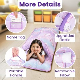 Beavtaens Toddler Nap Mat with Pillow and Minky Blanket, Large 55x35 Sleeping Bag, Washable, Lightweight, Easy to Roll, Perfect for Preschool, Daycare, Kindergarten, Travel, Boys and Girls(Unicorn)