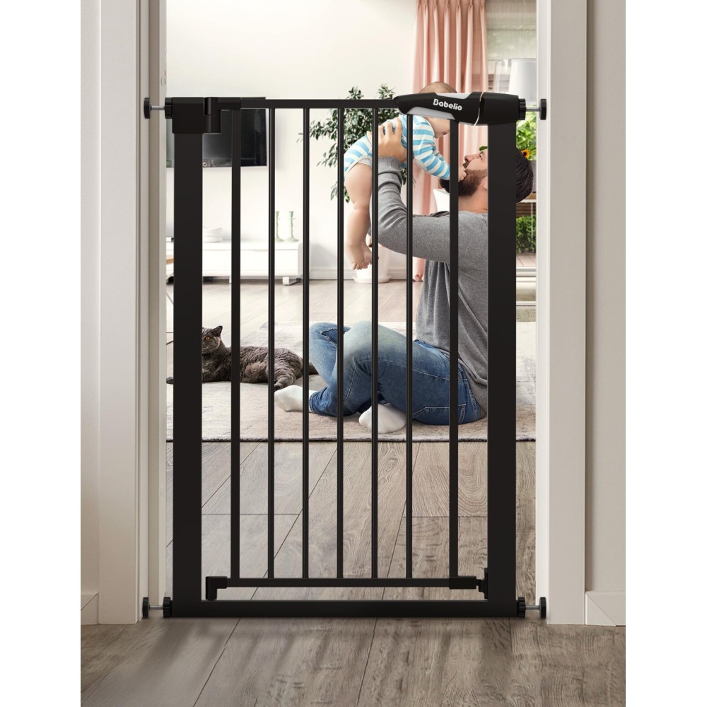 BABELIO 36 Tall Narrow Baby Gate, 26-28.5 Auto-Close Metal Pet Gate for Small Stairs/Doorways/Hallways, NO Drilling Pressure Mounted for Child and Pets, NO Extensions, Black