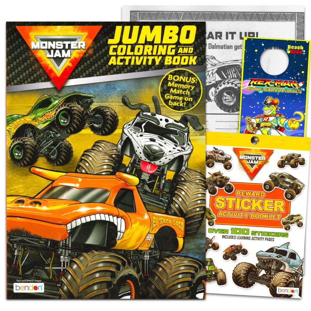 Bendon Monster Jam Coloring Book and Activity Set for Kids - 1 Coloring Book with Activities, Games, Stickers, and Rex-Man Door Hanger