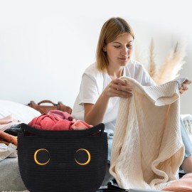 Hkojewp Cute Black Cat Round Basket - Cotton Rope Baskets Large Baby Laundry Blasket for Nursery, Woven Blanket Basket Hamper With Handle Toy Storage Basket for Gifts, Baby Shower 14 12 inchs 30.5L