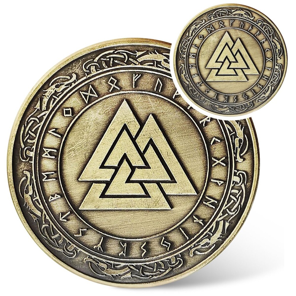 IELCJJ Viking Valknut Coin - Viking Runes Knot of The Slain Warrior Coin - Norse Mythology Protective Talisman Amulet - Viking Gifts for Men Women
