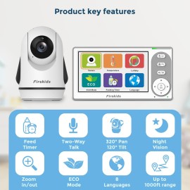 Firskids Baby Monitor with 2 Cameras No WiFi, 4.3 IPS Split-Screen, 30H Battery, Pan-Tilt-Zoom, Night Vision, 2-Way Audio, Room Temp Sensor, Lullaby, Plug & Play - Ideal for Travel